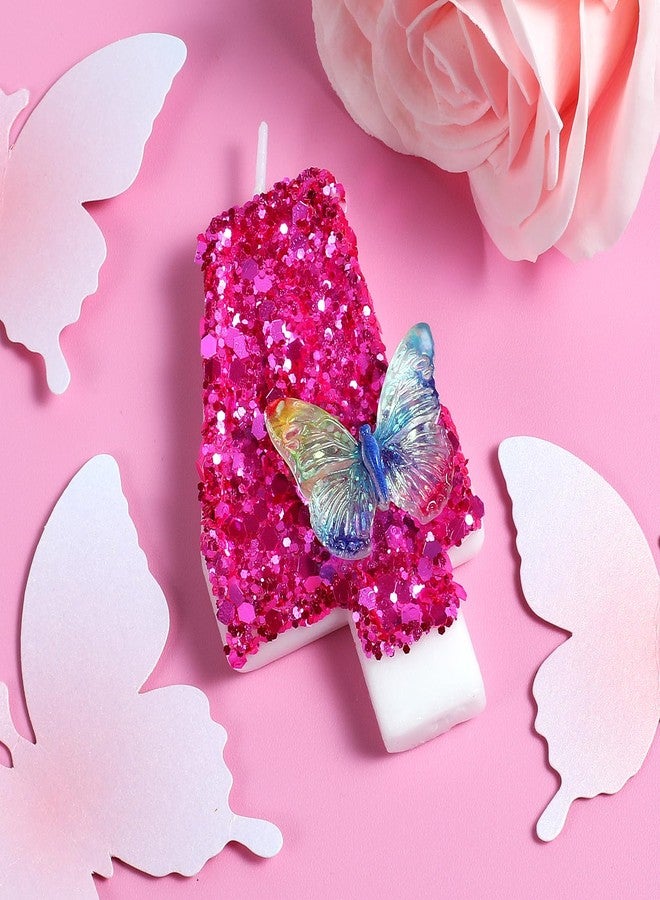 IDIJOLI Butterfly Number 4 Candles Glitter Hot Pink Birthday Candles for Cake Topper with Sequins for Anniversary Celebrations Supplies - Image 2