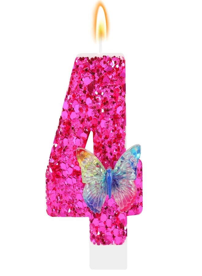 IDIJOLI Butterfly Number 4 Candles Glitter Hot Pink Birthday Candles for Cake Topper with Sequins for Anniversary Celebrations Supplies - Image 1
