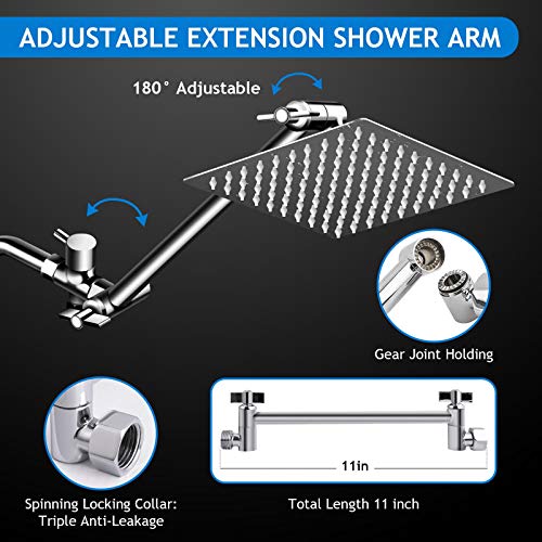 PinWin Shower Head Combo,8 Inch High Pressure Rain Shower Head with 11 Inch Adjustable Extension Arm and 5 Settings Handheld Shower Head Combo,Powerful Shower Spray Against Low Pressure Water with Long Hose - Image 5