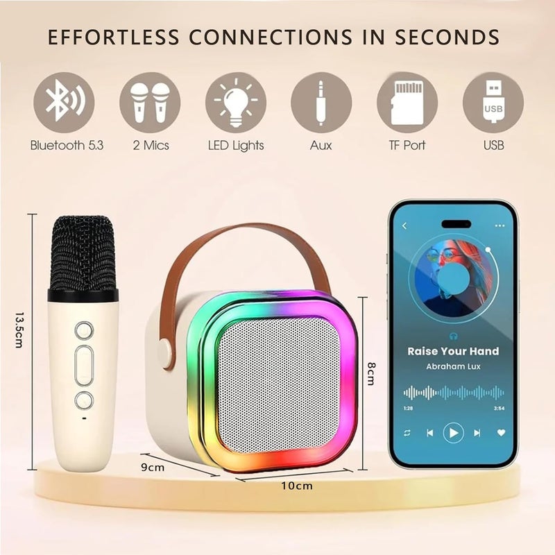 JJYEITUO Karaoke Machine For Kids 2025 New Mini Portable Karaoke Toys  Karaoke Speaker With 2 Wireless Microphone & Light For Home Party For Adults (Beige-2Mic) - Image 3