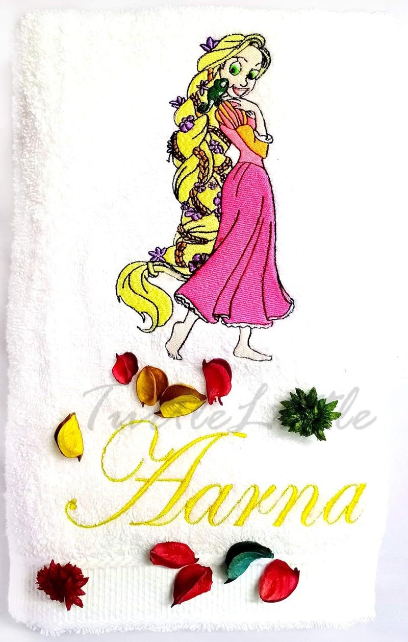 TurtleLittle Cotton Princess Rapunzel Personalised Kids Bath Towel 500 GSM Set of 1 White - Image 1