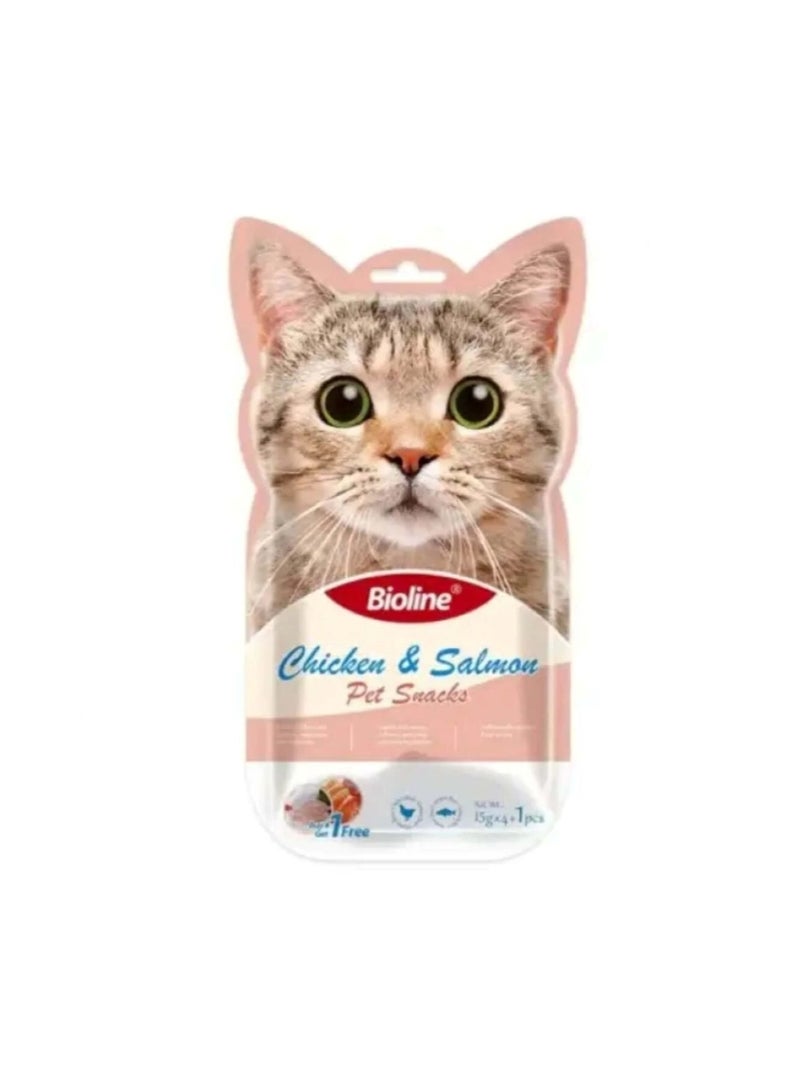 بايولاين وجبات خفيفة بنكهة الدجاج والسلمون للقطط - 5 × 15 جم