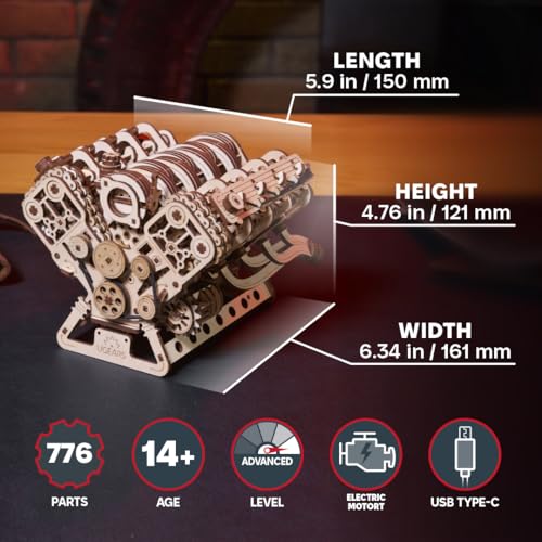 UGEARS V8 Engine Model Kit - 3D Wooden Puzzles for Adults, 3D Puzzle Model Engine Kit, DIY Kits Gifts for Engineers for Christmas, Wooden Model Kits for Adults to Build, Brain Teaser Hobby Set - Image 2
