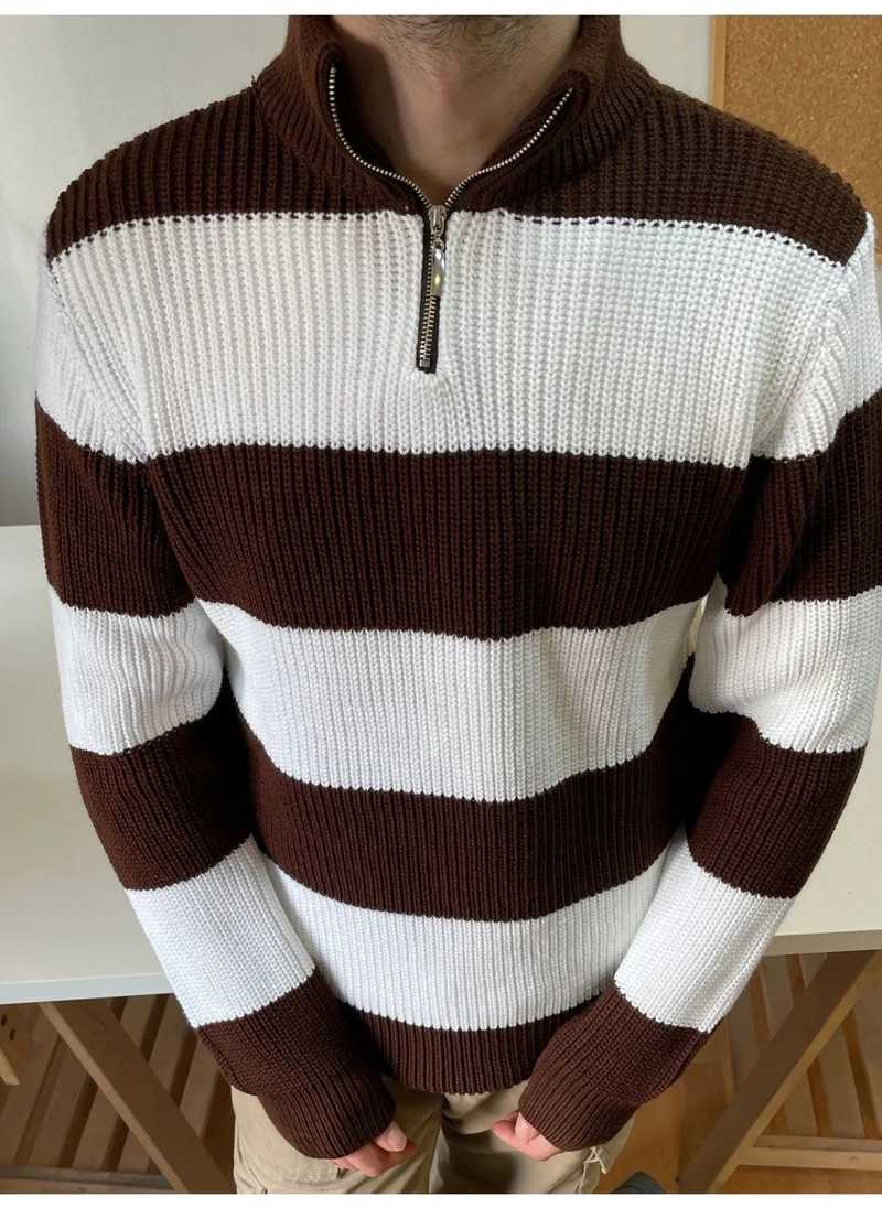 Cool Tarz Cool Style Brown-White Zippered Striped Patterned Knitwear Sweater