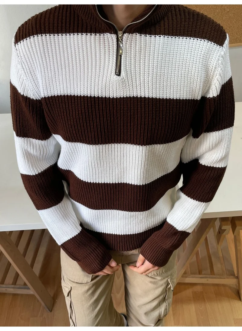 Cool Tarz Cool Style Brown-White Zippered Striped Patterned Knitwear Sweater