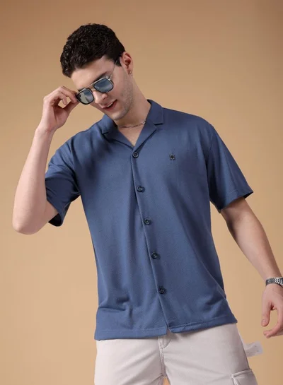 The Indian Garage Co Men Relaxed Fit Self Design Half Sleeves Cuban Collar Street Wear Shirt