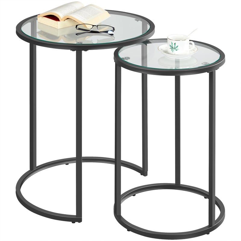 Yaheetech Round Nesting End Table Set of 2Stacking Side TablesCoffee Tables Set wMetal Frame  Glass Top  Protective Foot Pads for Small Space Living Room Office Black