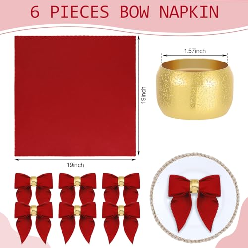 Jingmore 12 Pcs Christmas Napkins and Ring Set 6 Bow Shape Napkins Cloth 6 Gold Metal Dinner Tables Rings Holders for Christmas Winter Holiday Dinner Party Table DecorationRed - Image 3