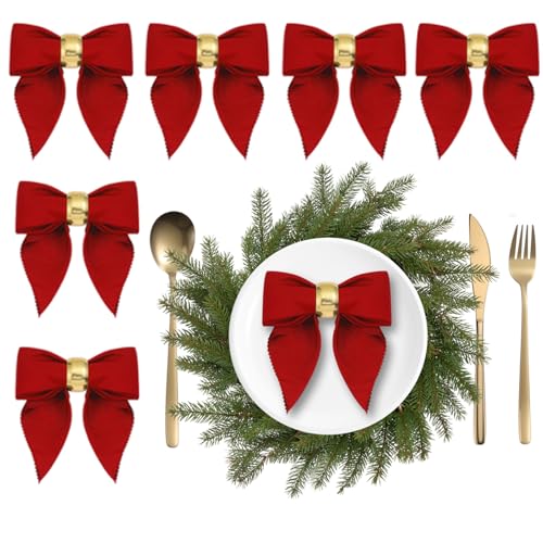 Jingmore 12 Pcs Christmas Napkins and Ring Set 6 Bow Shape Napkins Cloth 6 Gold Metal Dinner Tables Rings Holders for Christmas Winter Holiday Dinner Party Table DecorationRed - Image 1