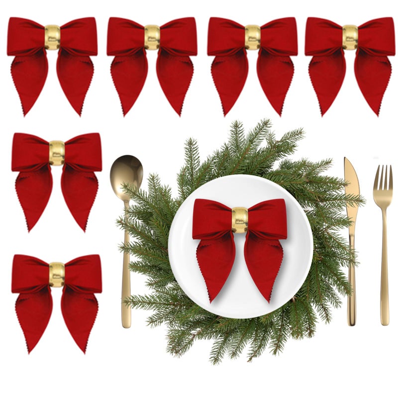 Jingmore 12 Pcs Christmas Napkins and Ring Set 6 Bow Shape Napkins Cloth 6 Gold Metal Dinner Tables Rings Holders for Christmas Winter Holiday Dinner Party Table DecorationRed - Image 2