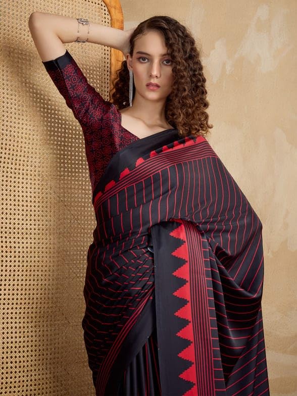 Yashika Women's Malgudi Silk Stripes Printed Saree | Black Color Saree | Women Sari | Saree_(AZ-YS-OG1-EVANA BLACK) - Image 4