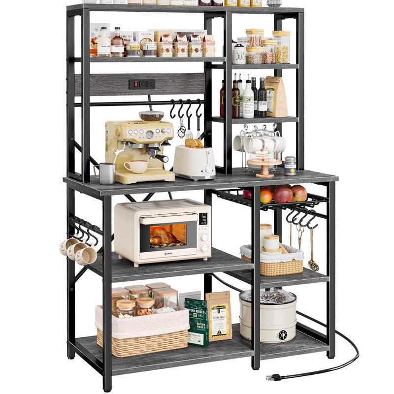 SUPERJARE Large Bakers Rack with Power Outlets 6Tier Microwave Stand Coffee Bar with 12 SShaped Hooks Kitchen Shelf with Wire Basket 393 x 155 x 669 Inches Charcoal Gray