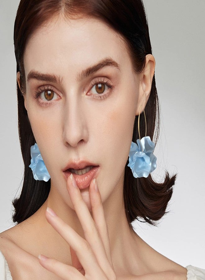 KVANU Unique Handmade Bohemian Resin Flower Petal Dangle Earrings Large Long Acrylic Rose Flower Tiered drop Earring Statement Summer Party Exaggerated Floral Tassel Hook Earrings for Women (Pearl blue) - Image 2