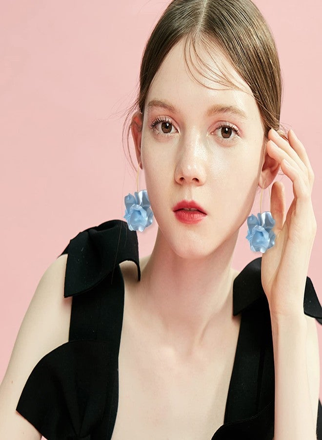 KVANU Unique Handmade Bohemian Resin Flower Petal Dangle Earrings Large Long Acrylic Rose Flower Tiered drop Earring Statement Summer Party Exaggerated Floral Tassel Hook Earrings for Women (Pearl blue) - Image 4