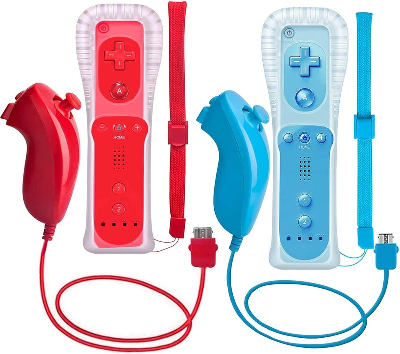 ZeroStory 2 Packs Wii Controller and Nunchuck for Wii and Wii U Console, Gamepad with Silicone Case and Wrist Strap (Red and Blue) - Image 1