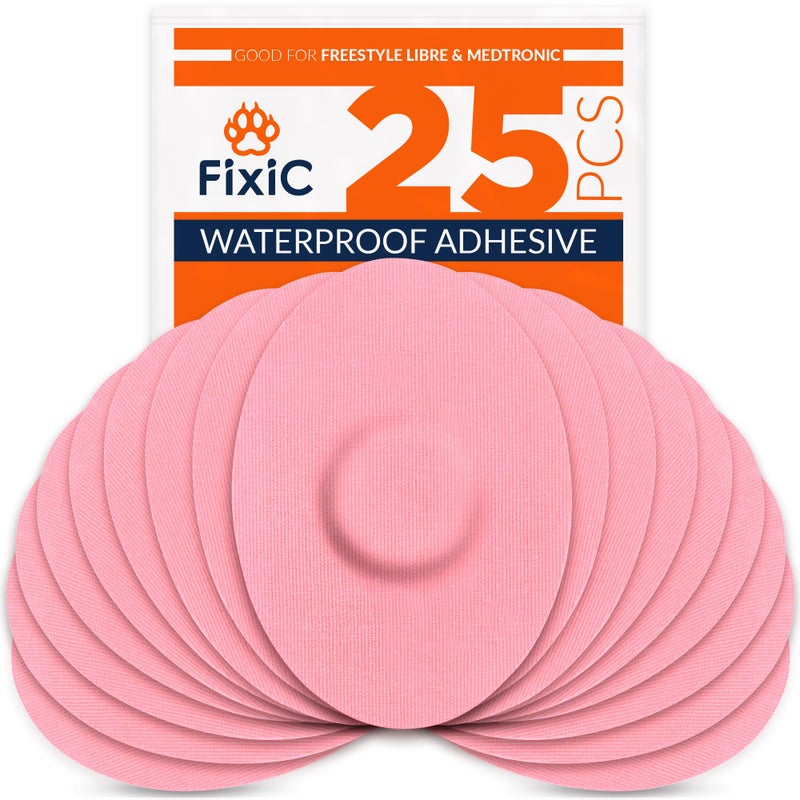 FixiC Freestyle Adhesive Patches 25 PCS Good for Libre 1 2 3 Plus G7 Stelo Guardian Waterproof Adhesive Patches Libre Adhesive Covers PreCut Best Fixation for Your Sensor Pink