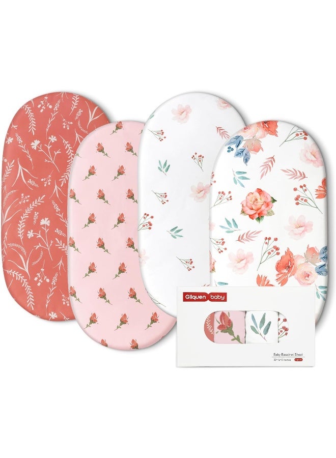 Gllquen Baby Gllquen Baby Bassinet Sheets 4 Pack, Breathable Cozy Fitted Mattress Sheet, Elastic Travel Crib Fashionable Floral Pattern, Standard Cradle Safe Sheets for Baby Boy Girls 32"X16" (Flower)  - Image 1
