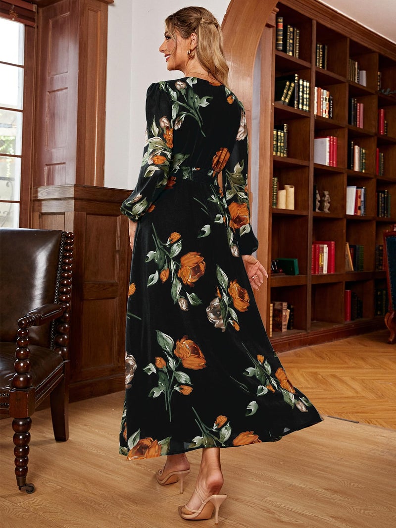 Simplee Apparel Simplee Women Casual Boho Floral Maxi Dress V Neck Long Sleeve Wedding Guest Dress Flowy Holiday Beach Empire Waist Long Dresses (Medium Black) - Image 4