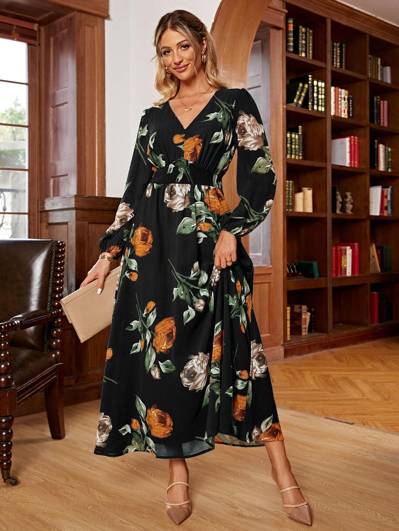 Simplee Apparel Simplee Women Casual Boho Floral Maxi Dress V Neck Long Sleeve Wedding Guest Dress Flowy Holiday Beach Empire Waist Long Dresses (Medium Black) - Image 5