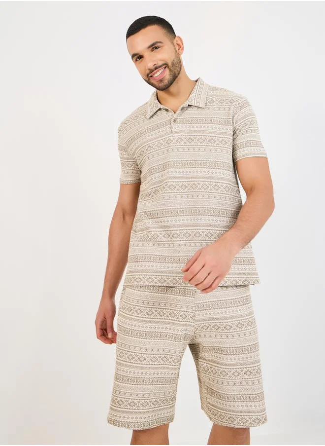 Styli Jacquard Knit Relaxed Fit Polo & Shorts Co-Ords