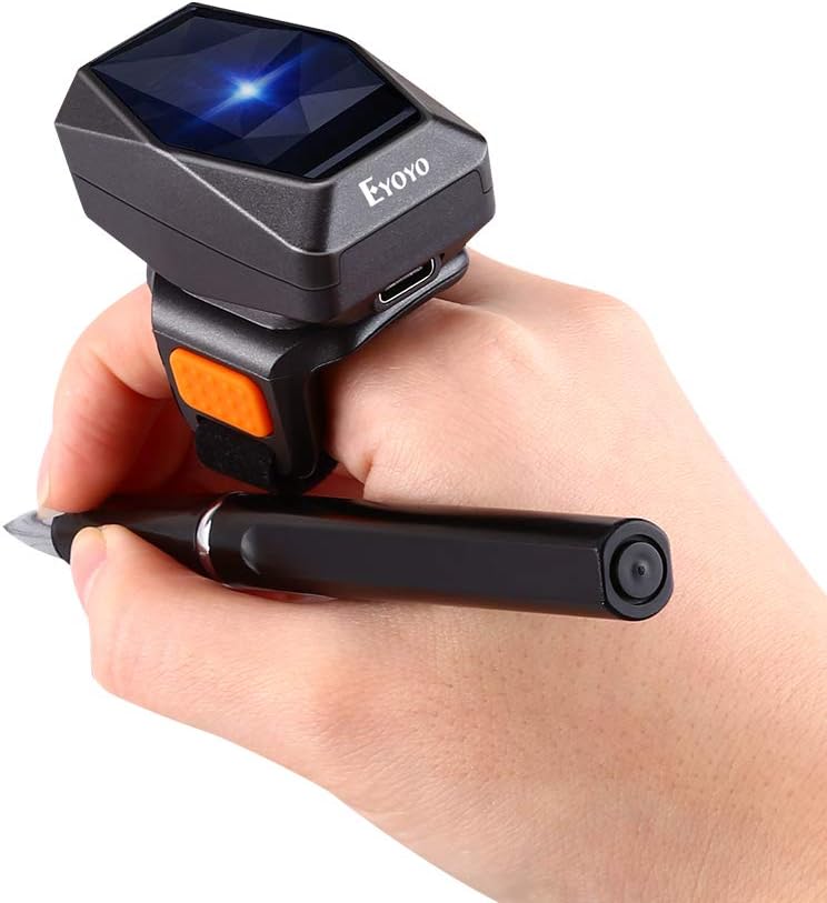 EYOYO ماسح الباركود بحلقة إصبع 2D، صغير قابل للارتداء 3 في 1 USB سلكي و 2.4G لاسلكي وبلوتوث ماسح، صورة 1D QR قارئ باركود PDF417 مصفوفة بيانات متوافقة مع iPad، هاتف، كمبيوتر شخصي - Image 1