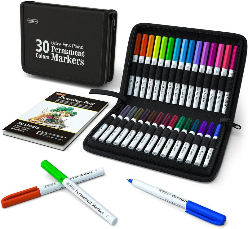 Shuttle Art Permanent Markers, 30 Assorted Colors Ultra Fine Point Permanent Marker Packed in Travel Case, Ideal Colored Markers Set for Adults Coloring Doodling on Plastic, Glass, Gift for Teens - Image 1