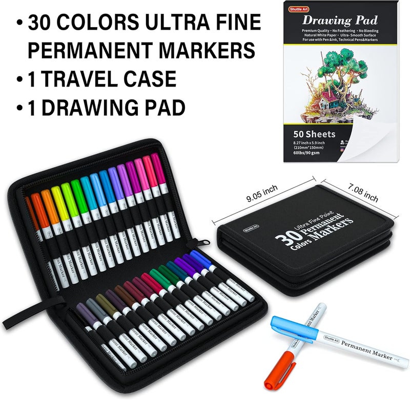 Shuttle Art Permanent Markers, 30 Assorted Colors Ultra Fine Point Permanent Marker Packed in Travel Case, Ideal Colored Markers Set for Adults Coloring Doodling on Plastic, Glass, Gift for Teens - Image 2