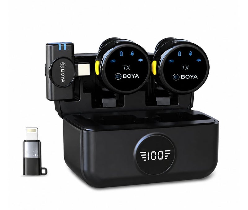 BY-MW6 Dual Wireless Lavalier Microphone with Digital Charging Case, 2-in-1 Adapter, 20m Reception Range, Plug and Play for Live Show, Interview and Video Recording
