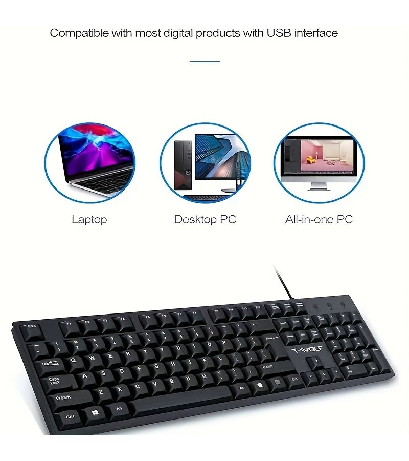 1 مجموعة لوحة مفاتيح وماوس سلكية USB بسيطة 104 مفتاح مجموعة مكتبية ذات مفتاح HD شعور مريح بالتوصيل والتشغيل أسود - Image 1