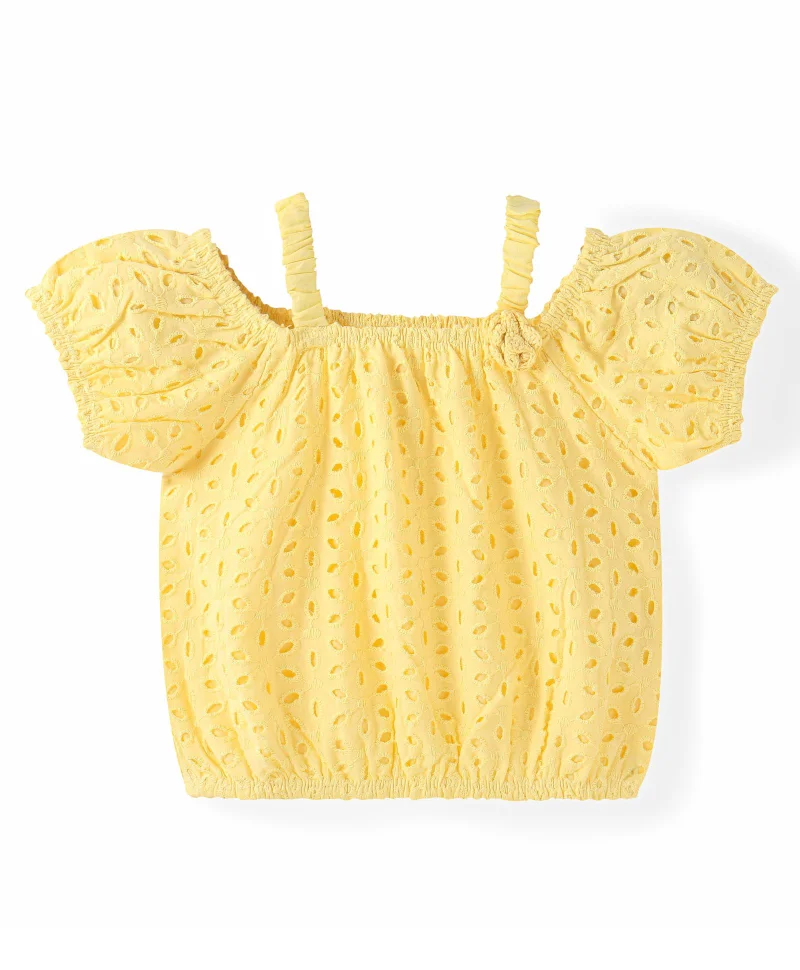 babyhug Babyhug Cotton Half Sleeve Schiffli Top With Bow Applique - Yellow