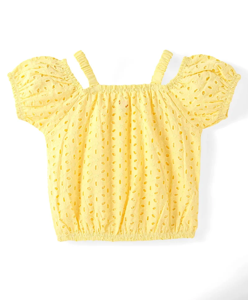 babyhug Babyhug Cotton Half Sleeve Schiffli Top With Bow Applique - Yellow
