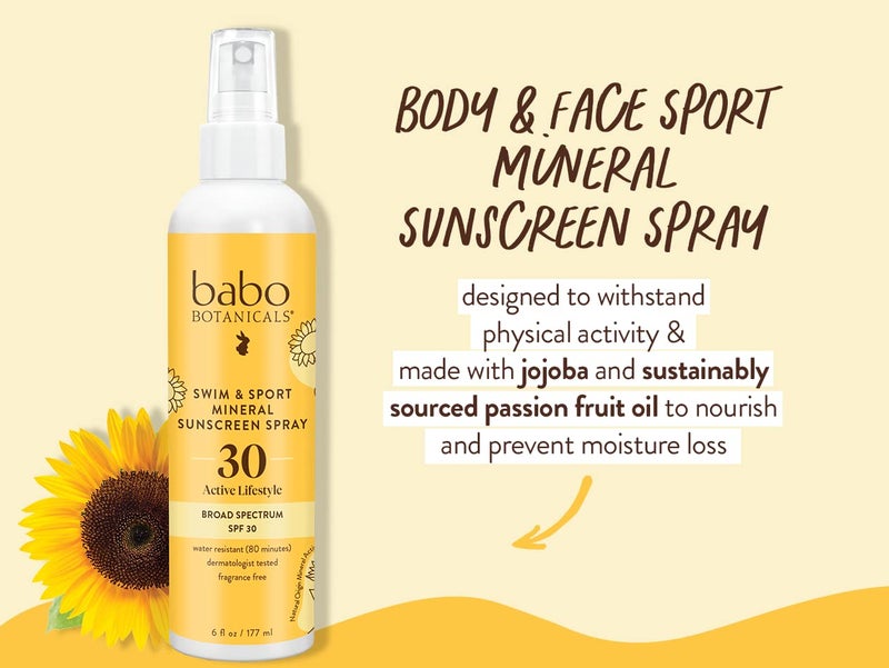 Babo Botanicals بابل بوتانيكالز رذاذ واقي شمس معدني للسباحة والرياضة SPF 30 - أكسيد الزنك الطبيعي - للوجه والجسم - لجميع الأعمار - مختبر من قبل أطباء الجلد - خالي من القسوة - خالي من العطور - مقاوم للماء - Image 2