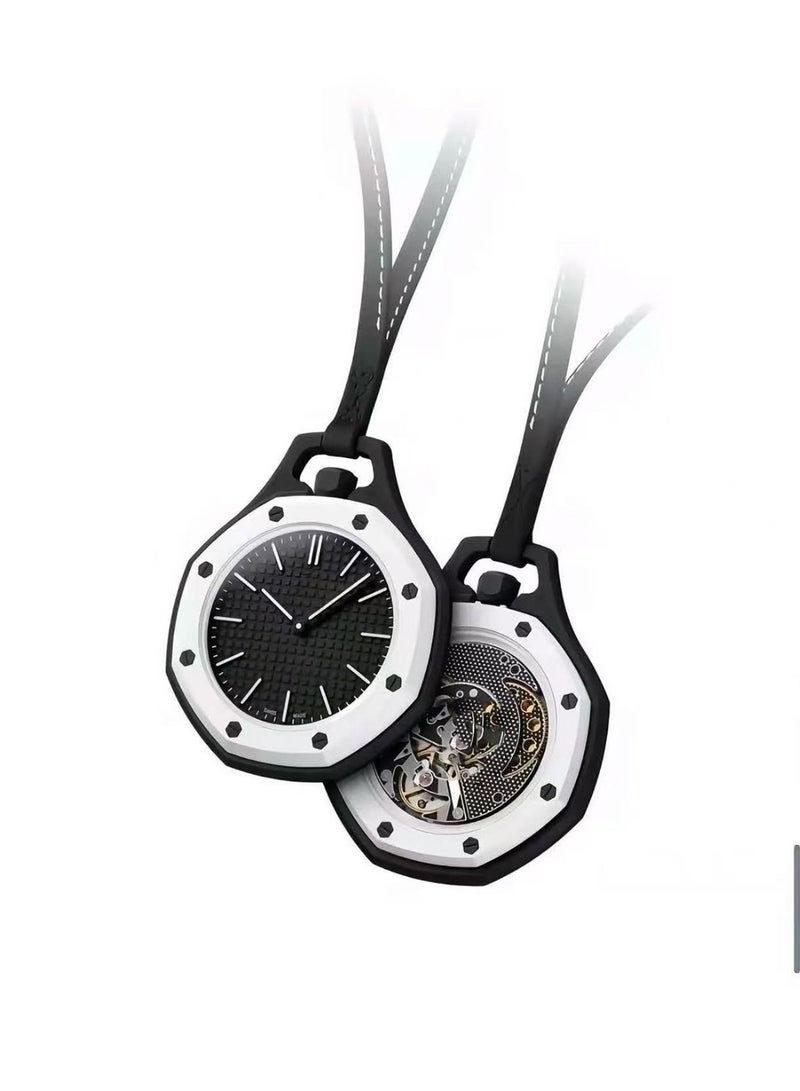 Octagonal Mechanical Pocket Watch Double SBlack   ided Hollow Movement Black Textured Dial Leather Lanyard Pendant Wrist Watch Fashion Unisex Necklace Watch - Image 1