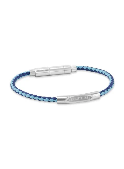 CERRUTI 1881 Matteo Silver Plated Stainless Steel Blue Braided Leather Bracelet for Men 180mm