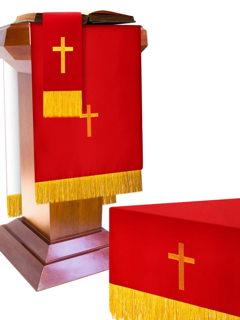 Cutecrop Set of 3 Reversible Parament Set Clergy Table Runner Bookmark Pulpit Scarf with Gold Cross Church Pulpit Accessories Red and White