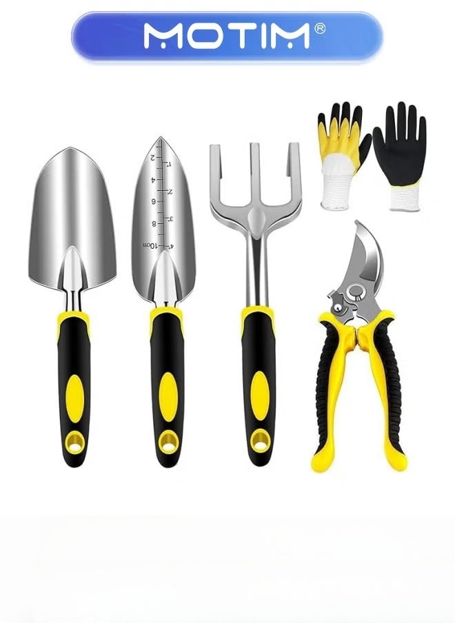Motim 5 PCS Garden Tool Set Including Transplanting Spade Trowel Cultivator Pruner Gardening Gloves Heavy Duty Cast-Aluminium Garden Tools Kit for Gardening Potting Flowering Planting Yellow  - Image 1