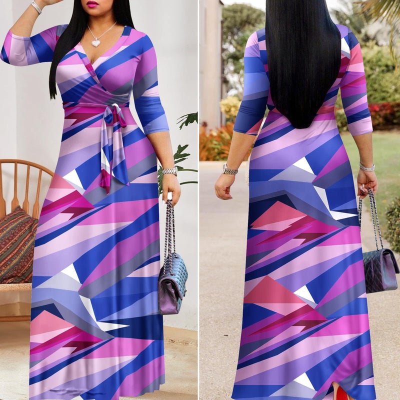 FANDEE Plus Size Maxi Dress for Women Casual Summer Sundress V-Neck 3/4 Sleeve(002-pink and Purple,XX-Large) - Image 4