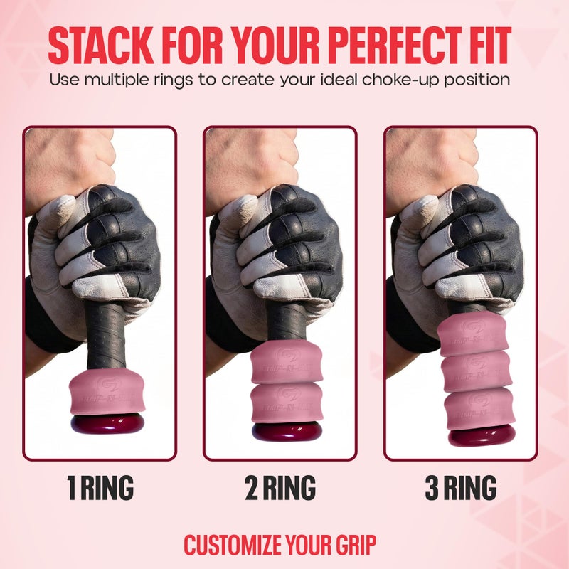 Grip-N-Rip Knob Stacker Choke-Up Ring for Baseball/Softball Bats Provides Choking Up Space & Relief from Bat Sting, Stackable for Custom Fit and Comfort (Pink) - Image 4