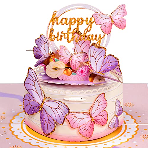 Paper Love Butterfly Birthday Cake, 3D Pop Up Birthday Card, For Adults or Kids - 5"x7" Cover - Includes Envelope and Note Tag - Image 1