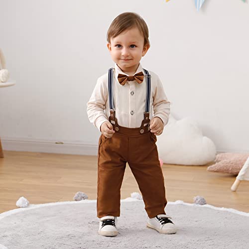 YUEMION Baby Boy Clothes Set Infant Tuxedo Long Sleeve Gentleman Suit Outfits + Beret Hat + Suspender Pants + Bowtie(L Beige - long sleeve, 12-18 Months) - Image 2