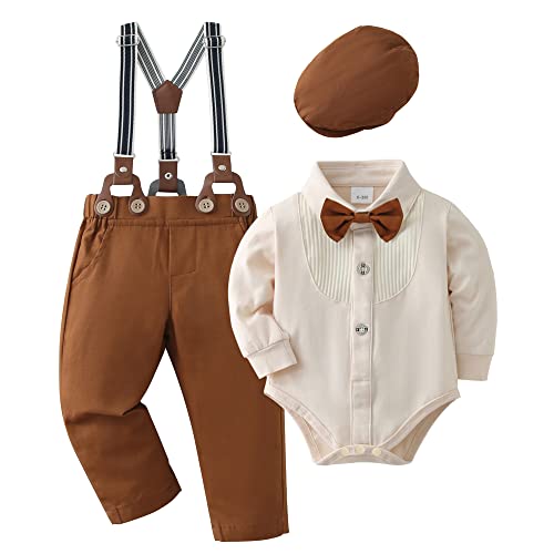 YUEMION Baby Boy Clothes Set Infant Tuxedo Long Sleeve Gentleman Suit Outfits + Beret Hat + Suspender Pants + Bowtie(L Beige - long sleeve, 12-18 Months) - Image 1