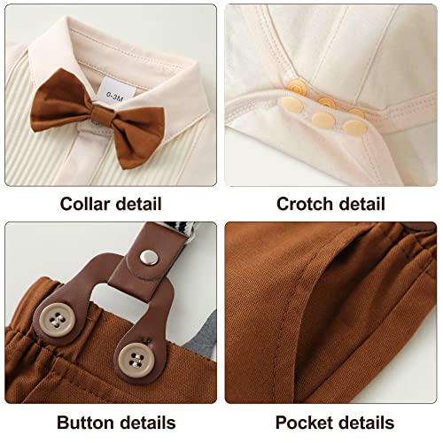 YUEMION Baby Boy Clothes Set Infant Tuxedo Long Sleeve Gentleman Suit Outfits + Beret Hat + Suspender Pants + Bowtie(L Beige - long sleeve, 12-18 Months) - Image 4