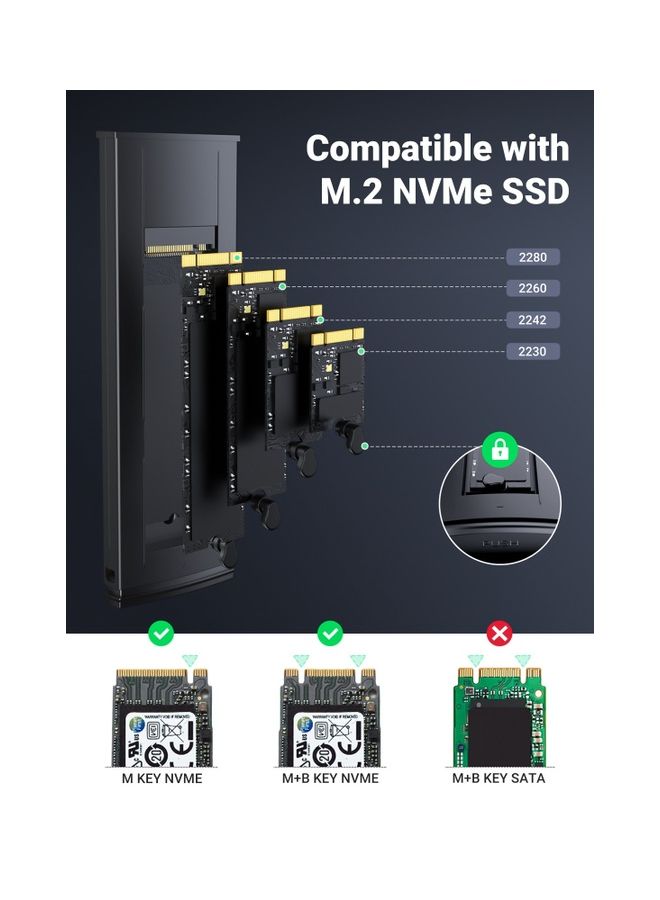 يو جرين يوجرين حاوية M.2 NVMe محول SSD و 10 Gbps USB C 3.2 Gen2 حاوية خارجية خالية من الأدوات وقارئ NVMe يدعم مفاتيح M و B&M وحجم 2230/2242/2260/2280 SSDs متوافق مع صاعقة 3 - Image 3