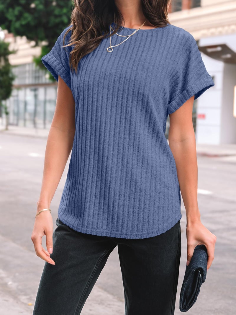 AUTOMET Women Summer Tops 2026 Spring Sweaters Dressy Casual Short Sleeve Shirts Business Blouses Blue XL - Image 5