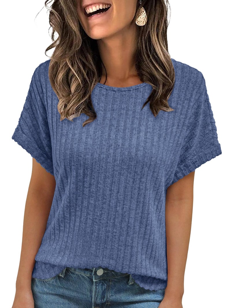 AUTOMET Women Summer Tops 2026 Spring Sweaters Dressy Casual Short Sleeve Shirts Business Blouses Blue XL - Image 1