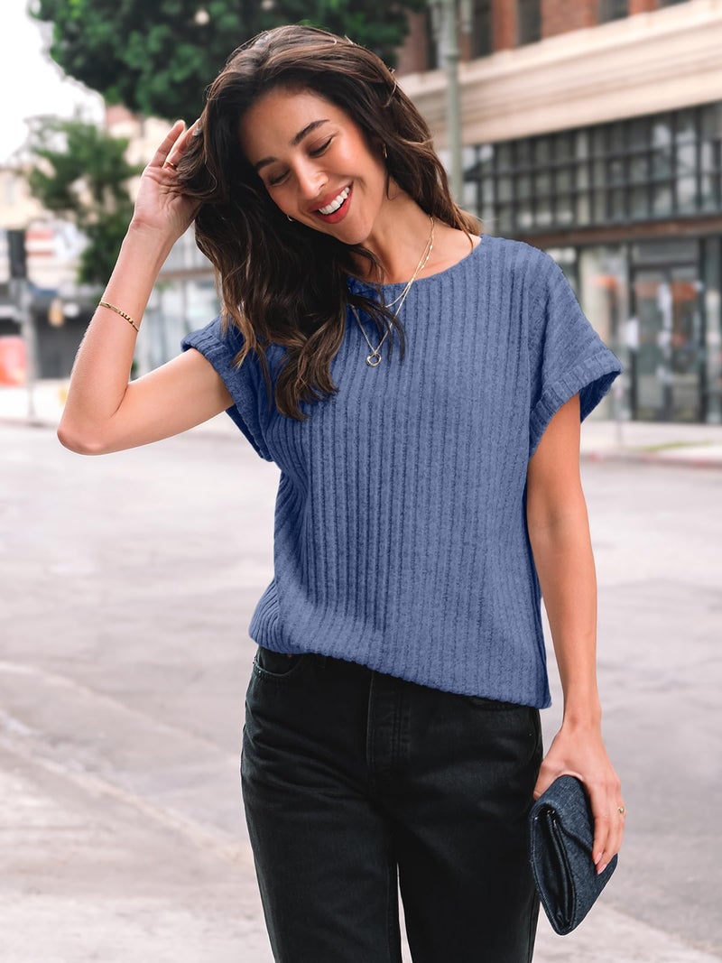 AUTOMET Women Summer Tops 2026 Spring Sweaters Dressy Casual Short Sleeve Shirts Business Blouses Blue XL - Image 3