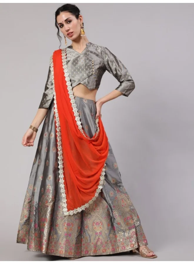 AKS Grey Gold Zari Work Lehenga Choli With Dupatta