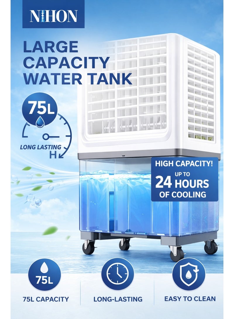 نيهون مبرد هواء قوي من نيهون سعة 75 لترًا | تدفق هواء عالٍ 12000 متر مكعب/ساعة، قدرة تبريد 260 واط | مبرد هواء محمول مع جهاز تحكم عن بعد، وحجرة ثلج، ومروحة بثلاث سرعات للمنزل والمكتب - Image 4
