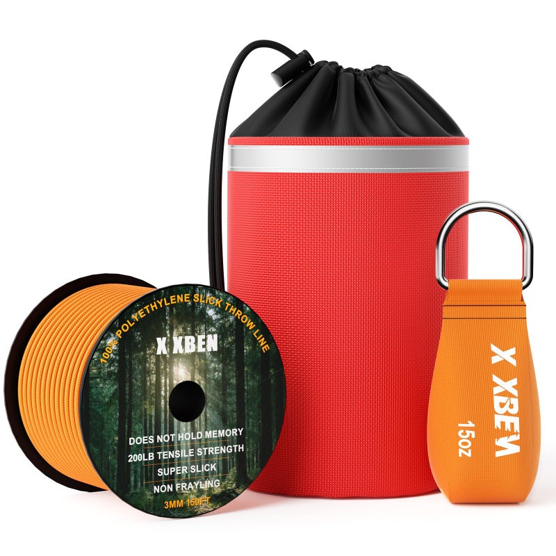 X XBEN XBEN Arborist Throw Line Kit with 15oz Throw Weight, 150ft 3/19" Slick Rope & Reflective Storage Bag, Polyester Coated for Tree Trimming, Camping, Forestry Gear (4"x6" Orange Bag) - Image 1