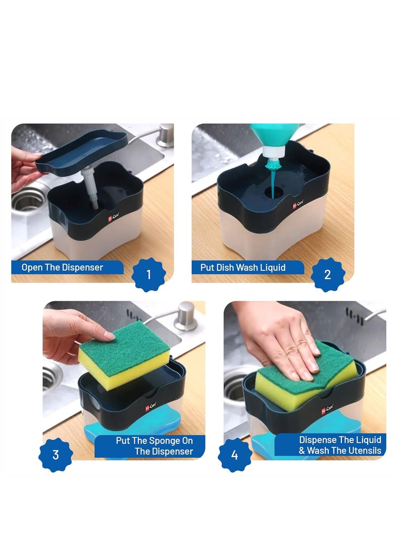 [Pack of 3 pcs] 2-In-1 Soap Pump Dispenser & Sponge Holder Kitchen Sink Washing Soap Dispenser Dishwashing Dispensers with Sponge One-Handed Operation Instant Refill Dish Soap Dispenser